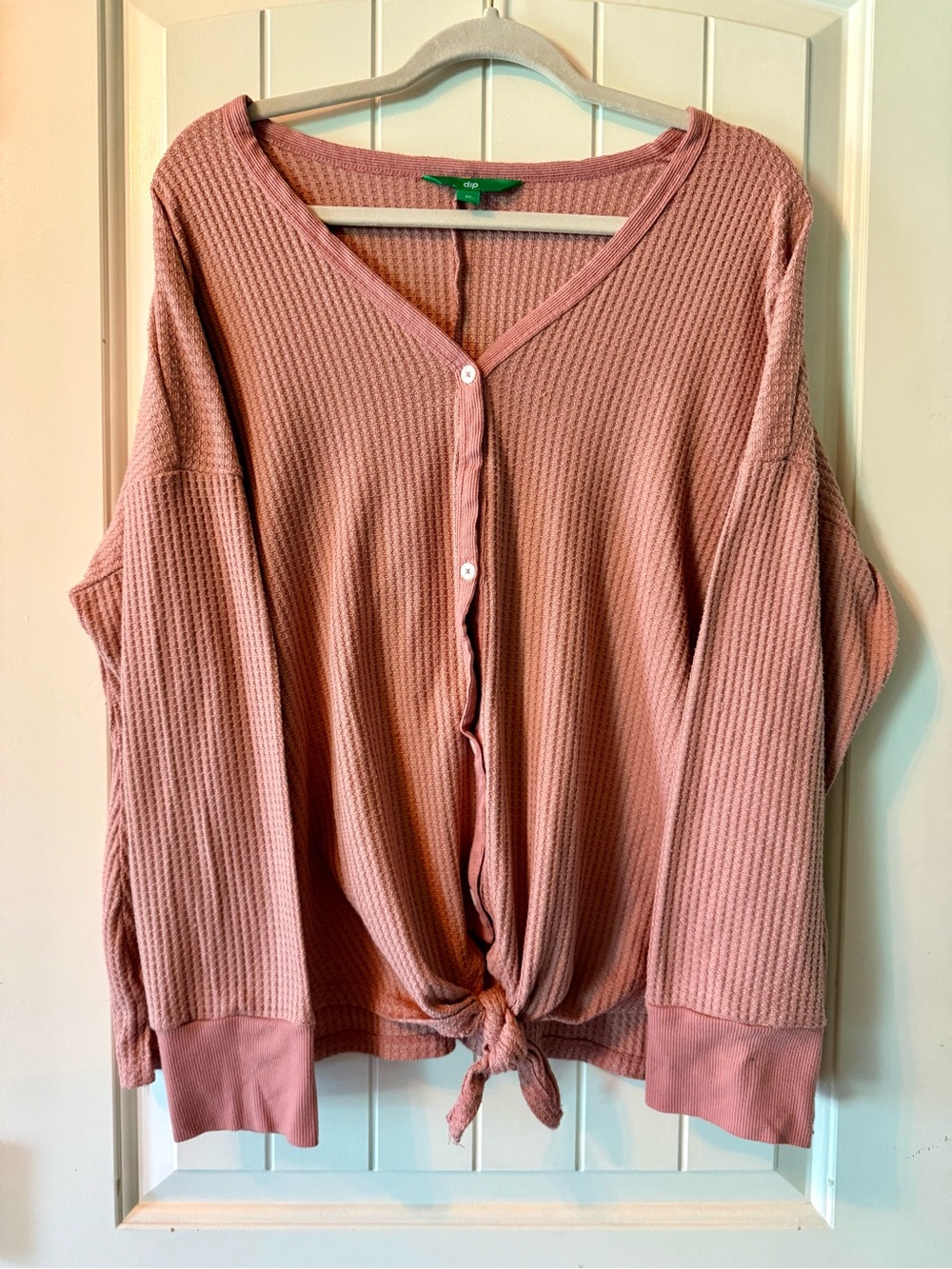 Waffle Knit Button Front Tie Hem Top - Dusty Rose 2X